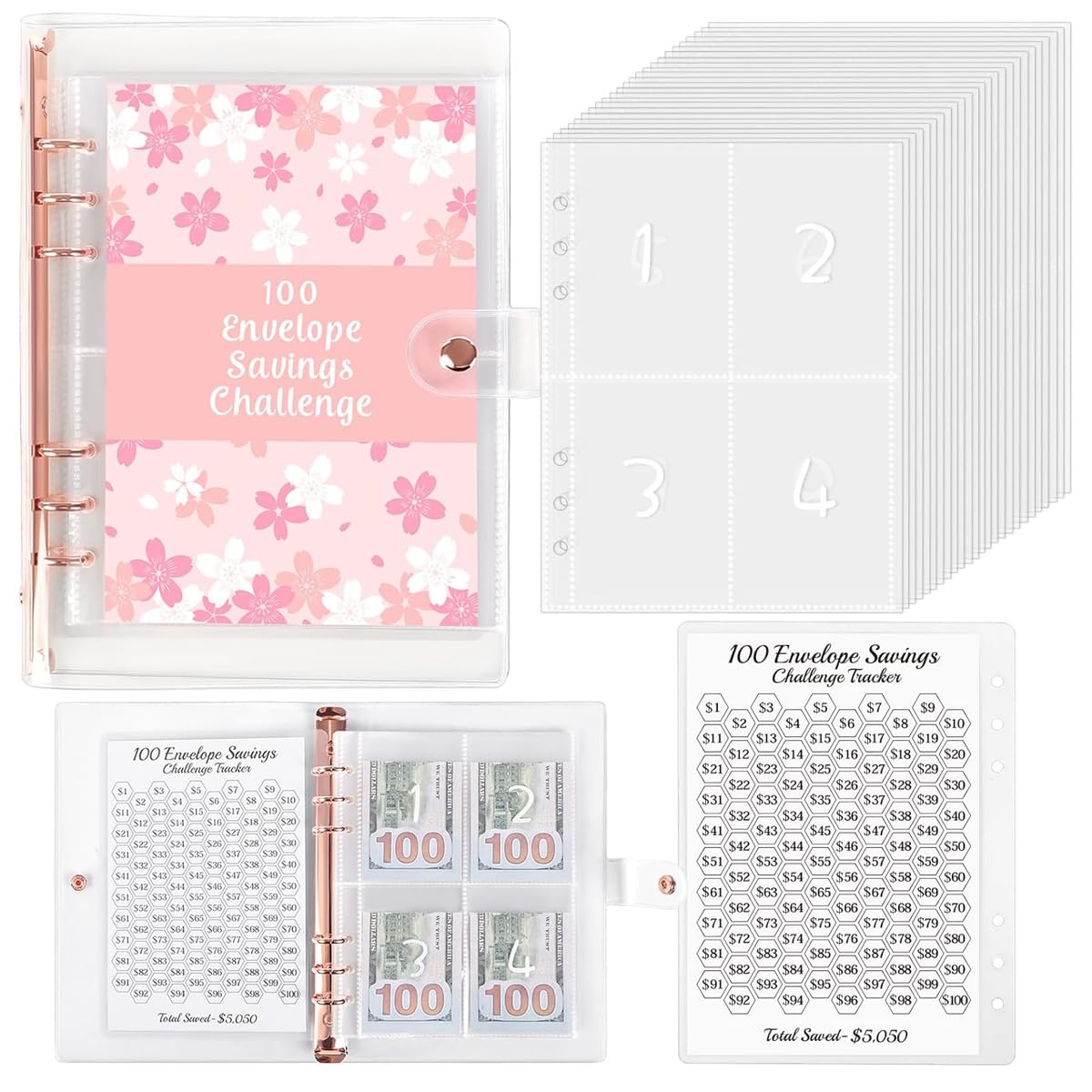 HASTHIP Envelopes Challenge Binder for 100 Day Saving Goals with $5050 Tracker Sheet | A5 PVC Sakura Organizer