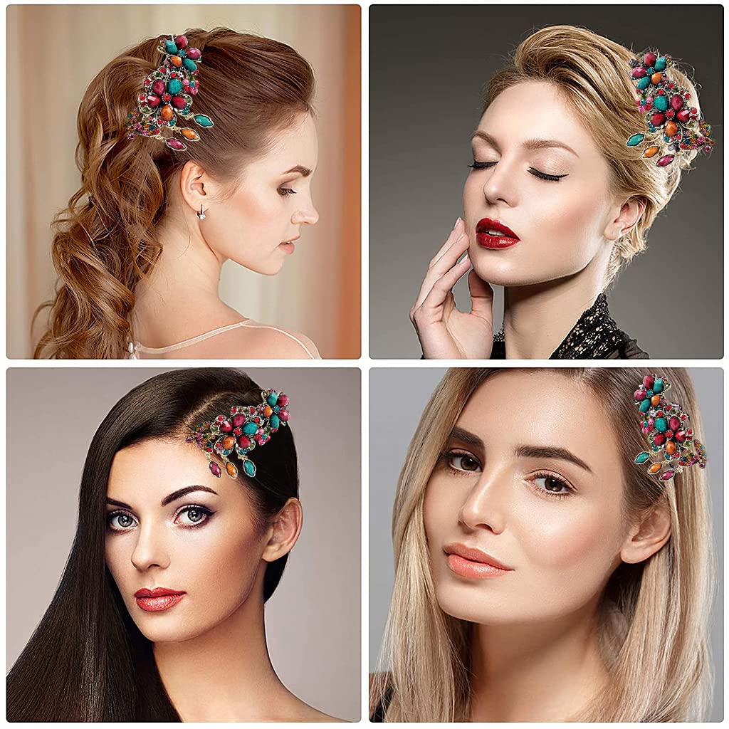 PALAY Women Hair Combs for Bridal and Daily Use with Rhinestone Flowers and 9.5cm Size | Retro Alloy Plating Hairpin