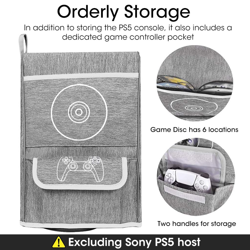 ZORBES PS5 Dustproof Cover with Game Controller Pocket and Cable Port Access | Grey Nylon