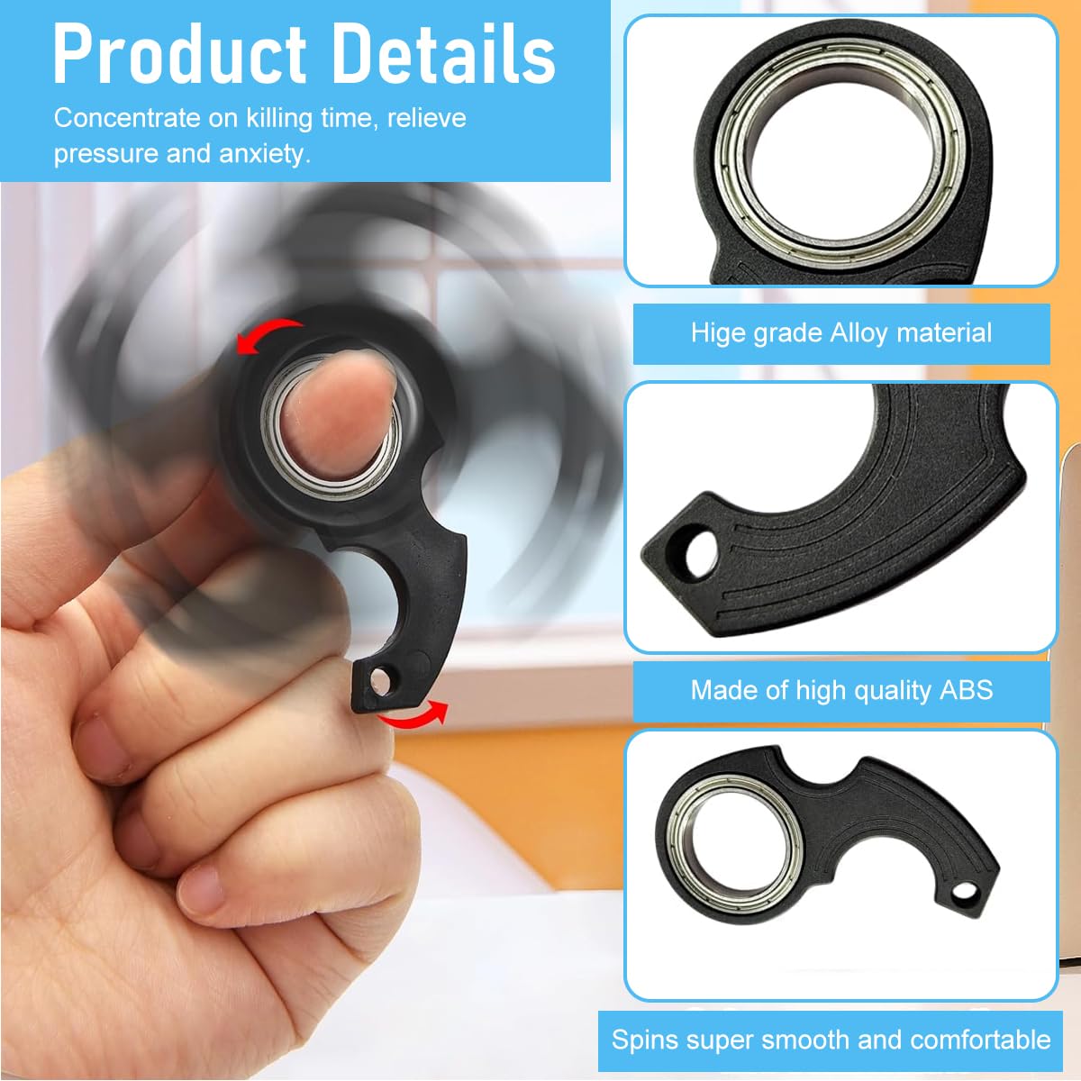 Zibuyu Key Chain for Anxiety Relief with Glow in the Dark Whirling Metal Charm | Gift for Men and Women