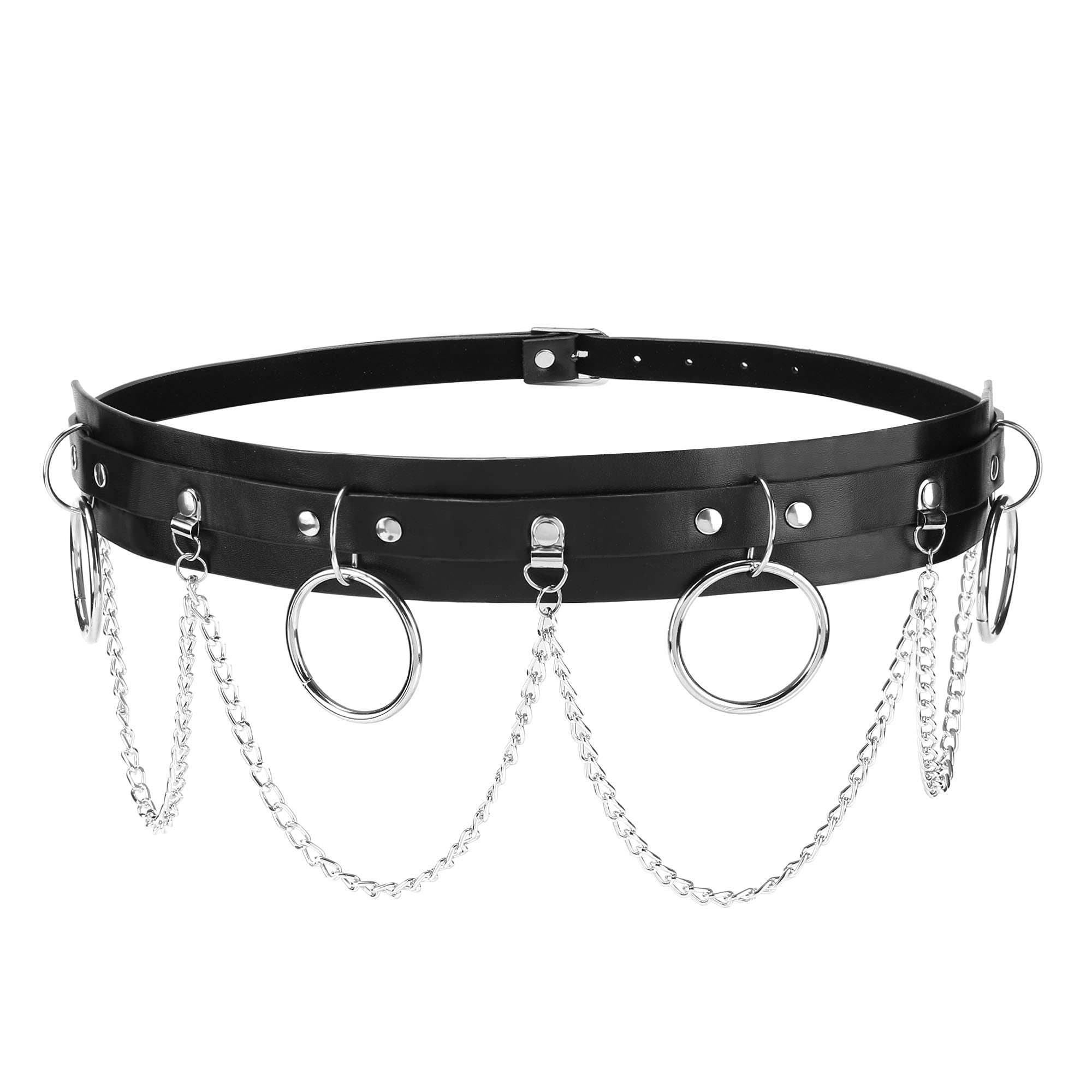 GUSTAVE® Black Waist Belt for Women,Cool Goth Punk Accessories,Mini Skirt Metal Chain Stylish Rock Style Leather Belt for Uniform,Pleated Skirts & Jeans Pants