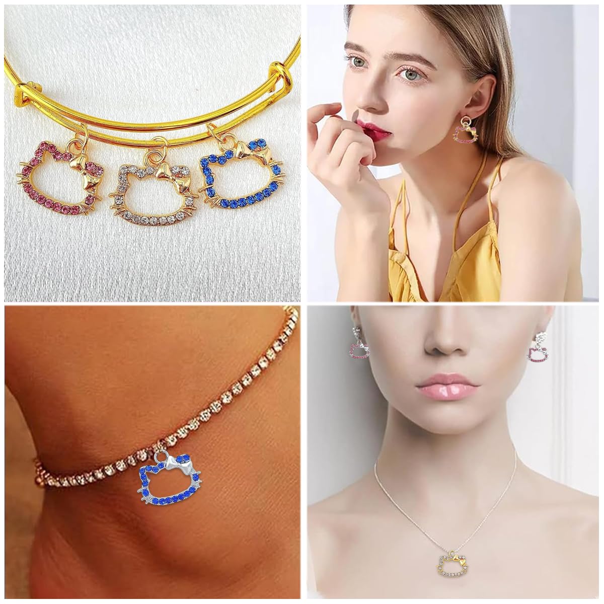 SANNIDHI Cat Charms for Bracelet Making featuring 12pcs Rhinestone Loop Pendants | DIY Jewelry