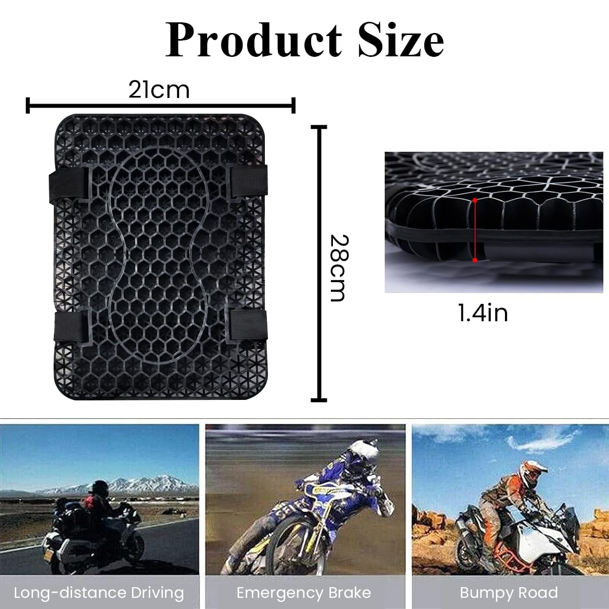 STHIRA® Motocycle Seat Cushion, Motorcycle Gel Seat Cushion Breathable Seat Pad for Long Rides, High Density Gel 3D Honeycomb Motorcycle Seat Cover Structure Shock Absorption for Universal Seats