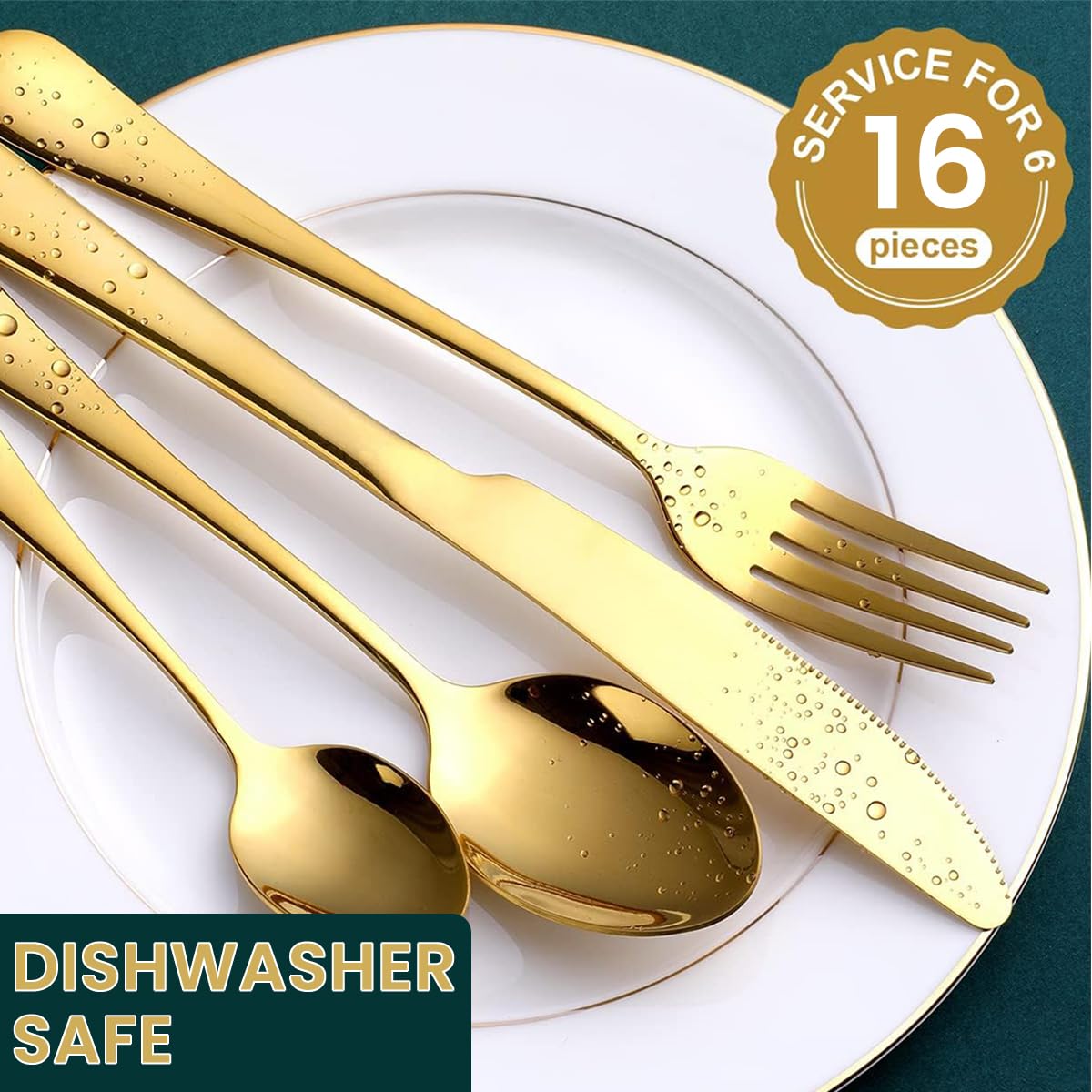 HASTHIP Cutlery Set for Home and Restaurant with Serrated Knives and Comfortable Grip | 16 Pcs Gold Stainless Steel Flatware