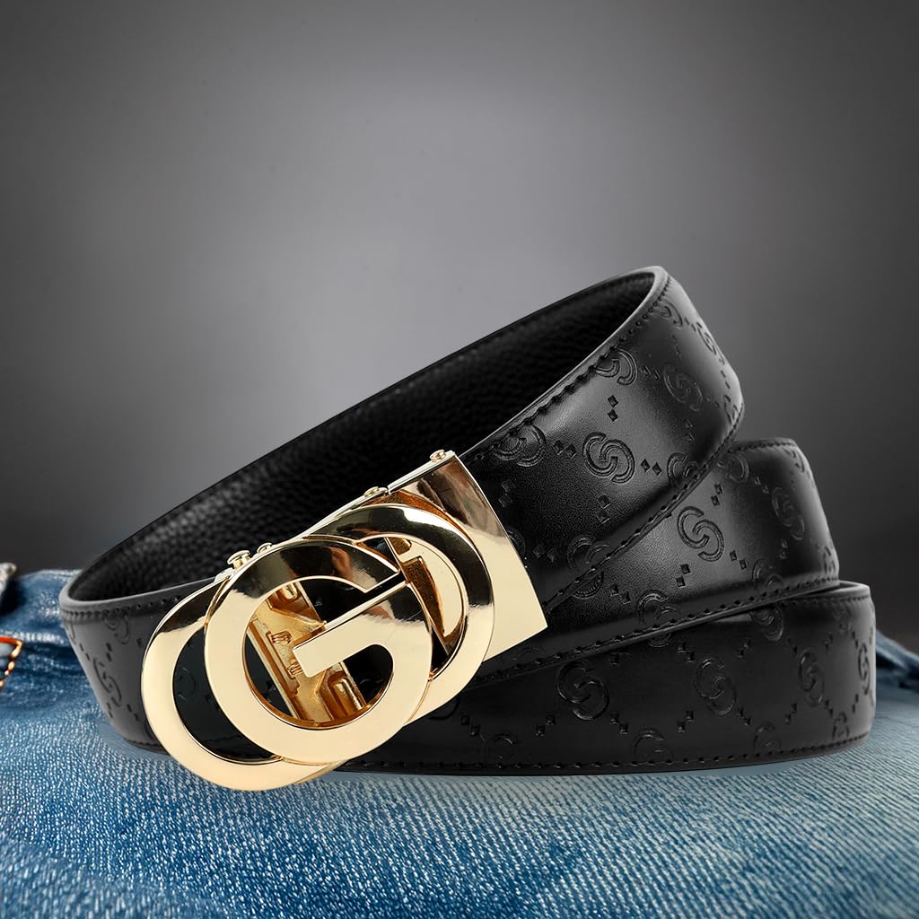 GUSTAVE Leather Belt for Men with Auto Lock Gold Buckle 130cm Length | Embossed Black Style