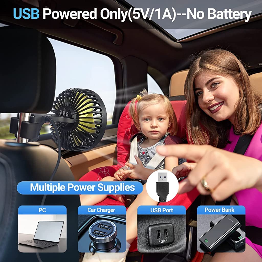 Verilux® USB Fan for Car Back Seat, Headrest Mounted 5V USB Mini Fan with 3 Speed, Rotatable USB Fan with USB Cable, Switch Controller, USB fan for Baby, Back Seat Passengers, Plug and Play