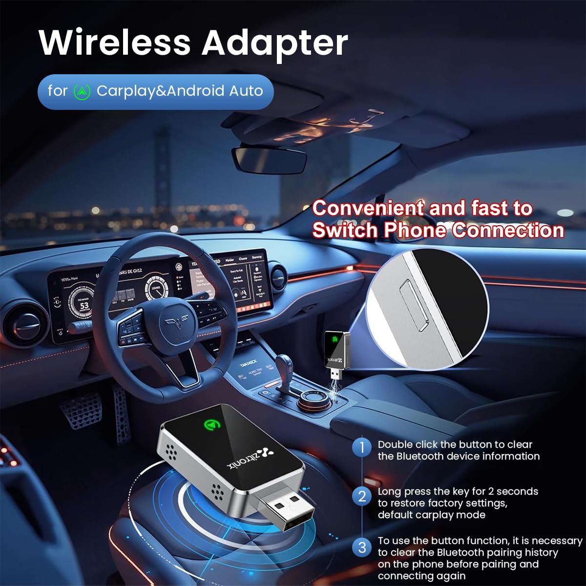 Zitronix Wireless CarPlay Adapter with Bluetooth 5.2 and Dual Band WiFi | Aluminum Alloy Housing