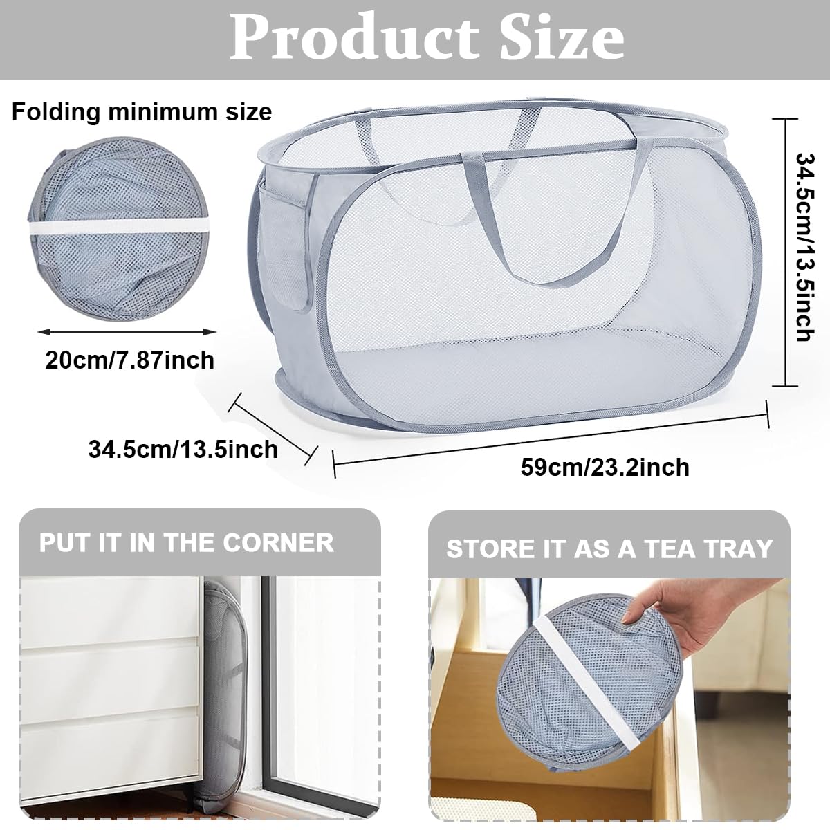 HASTHIP® Durable Collapsible Laundry Baskets, Foldable Clothes Storage Hamper with Reinforced Carry Handles, Portable Collapsible Clothes Baskets for Dorm, Bathroom & Travel, Grey