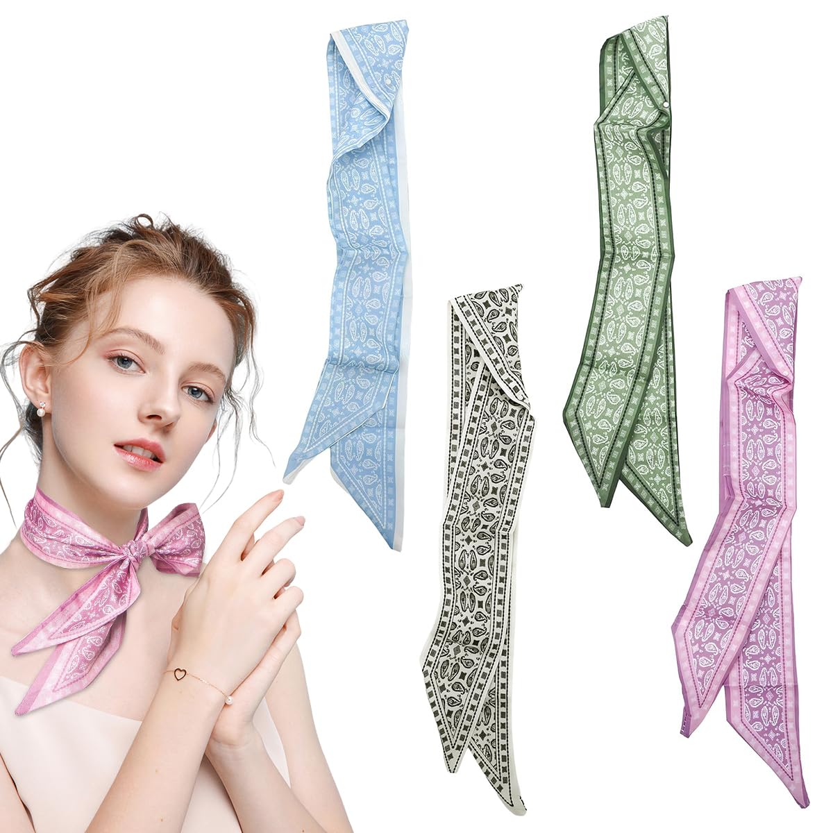 SANNIDHI Hair Scarf for Women featuring 34x2.4 in Silk Design Pack of 4 | Floral Styling Accessory
