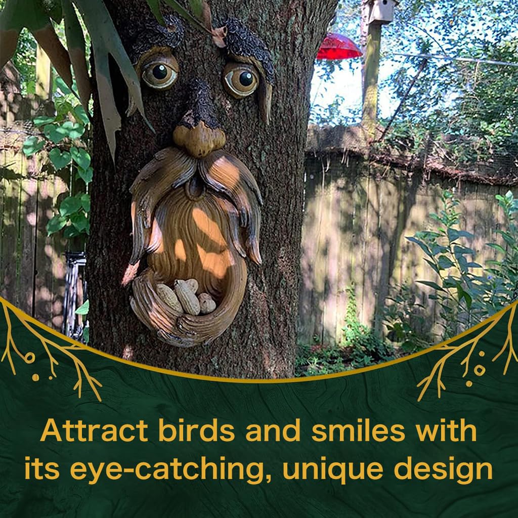 HASTHIP® Garden Bird Feeder Creative Resin Tree Trunk Mounted Bird Feeder Creative Resin Wood Spirit Bird Feeder Handmade Wood Wizard Garden Decor Tree Decor Backyard Decor