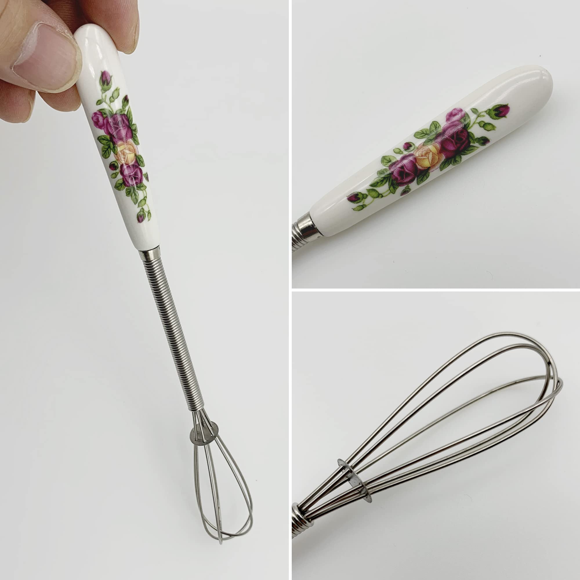 ZIBUYU Hand Whisk for Kitchen featuring Ceramic Handle with Floral Print 7 in | Stainless Steel