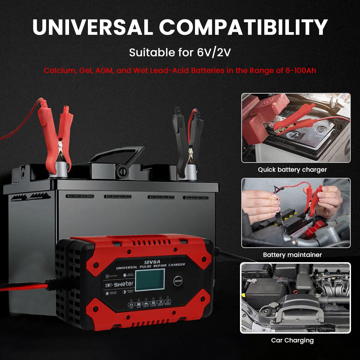 STHIRA Fully Automatic Car Battery Charger 12V 6A for Cars and Motorcycles | Smart LCD Maintainer