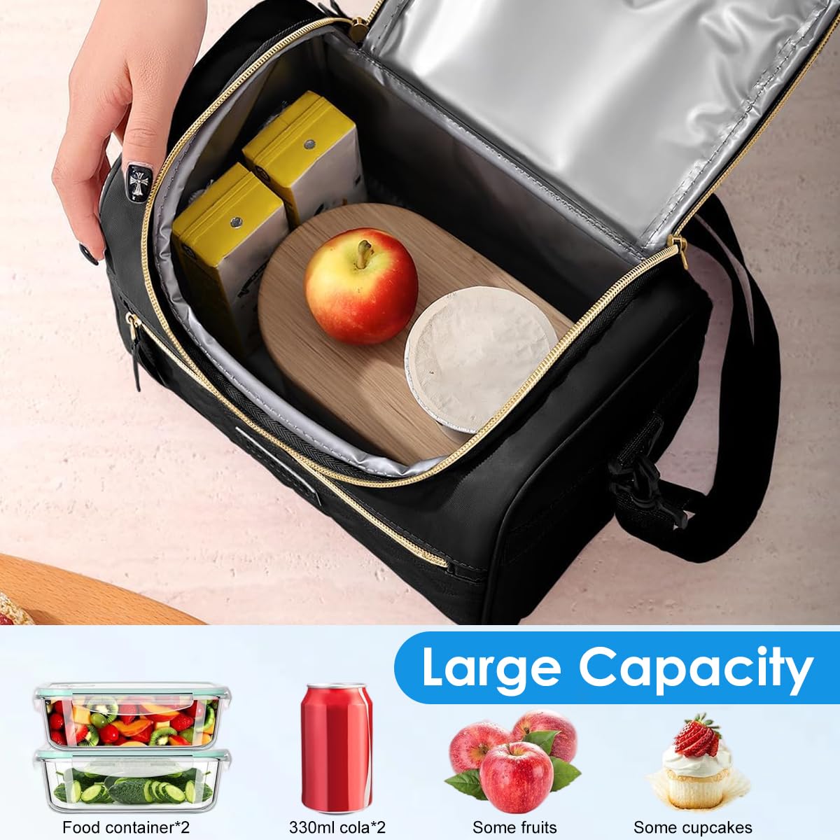 HASTHIP Lunch Bag for Office School and Picnic with Waterproof Insulated Design | Quilted Black Tote Featuring Handle and Shoulder Strap