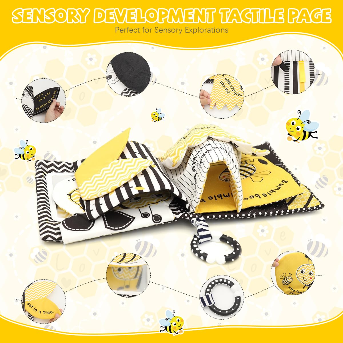 SNOWIE SOFT Cartoon Bee Cloth Books for Babies with Mirror and Crinkle Pages | 2 PCS Washable Non-Toxic Sensory Toy