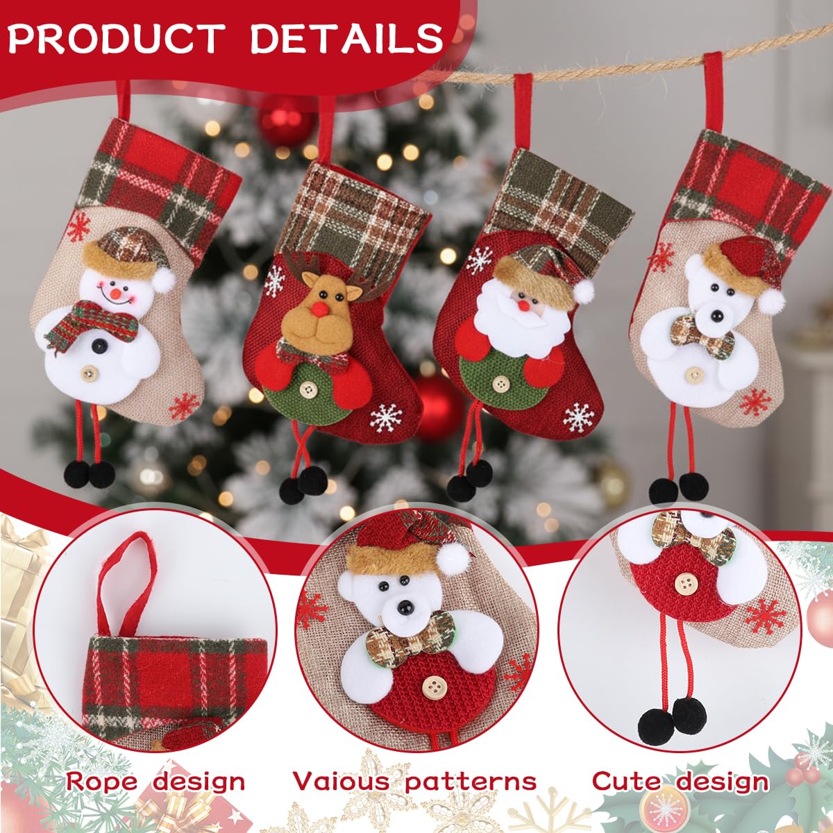 HASTHIP Christmas Stockings Set for Tree and Home Decor featuring 4pcs 14x19 cm Fabric Designs