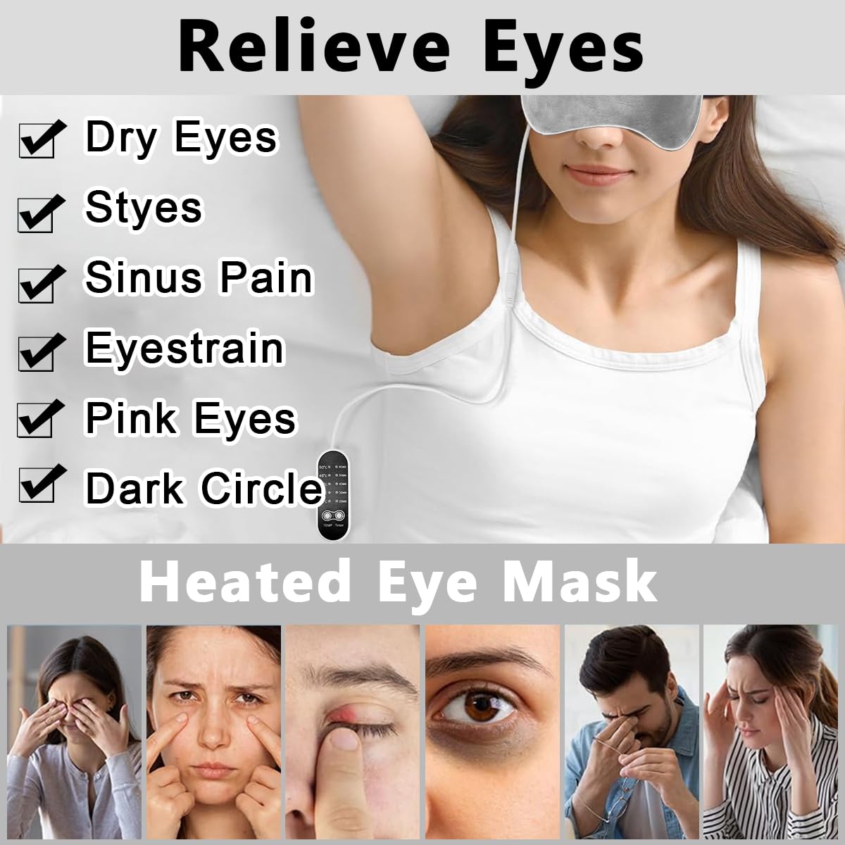 HANNEA Heated Eye Mask for Sleep with 5 Level Temperature and Timer Control | Grey