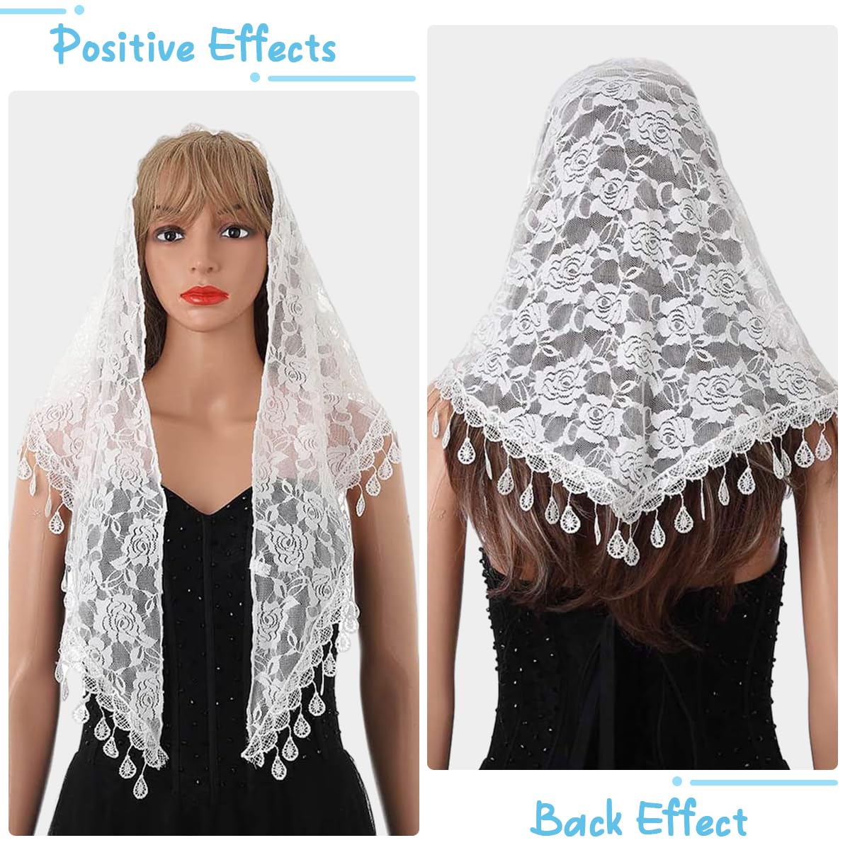 PALAY® Mass Veil for Women, Triangle Chapel Mantilla Lace Veil Shawl, Embroidery Rose Tassle Head Scarf Covering, Ladies Church Cathedral Headwear - White