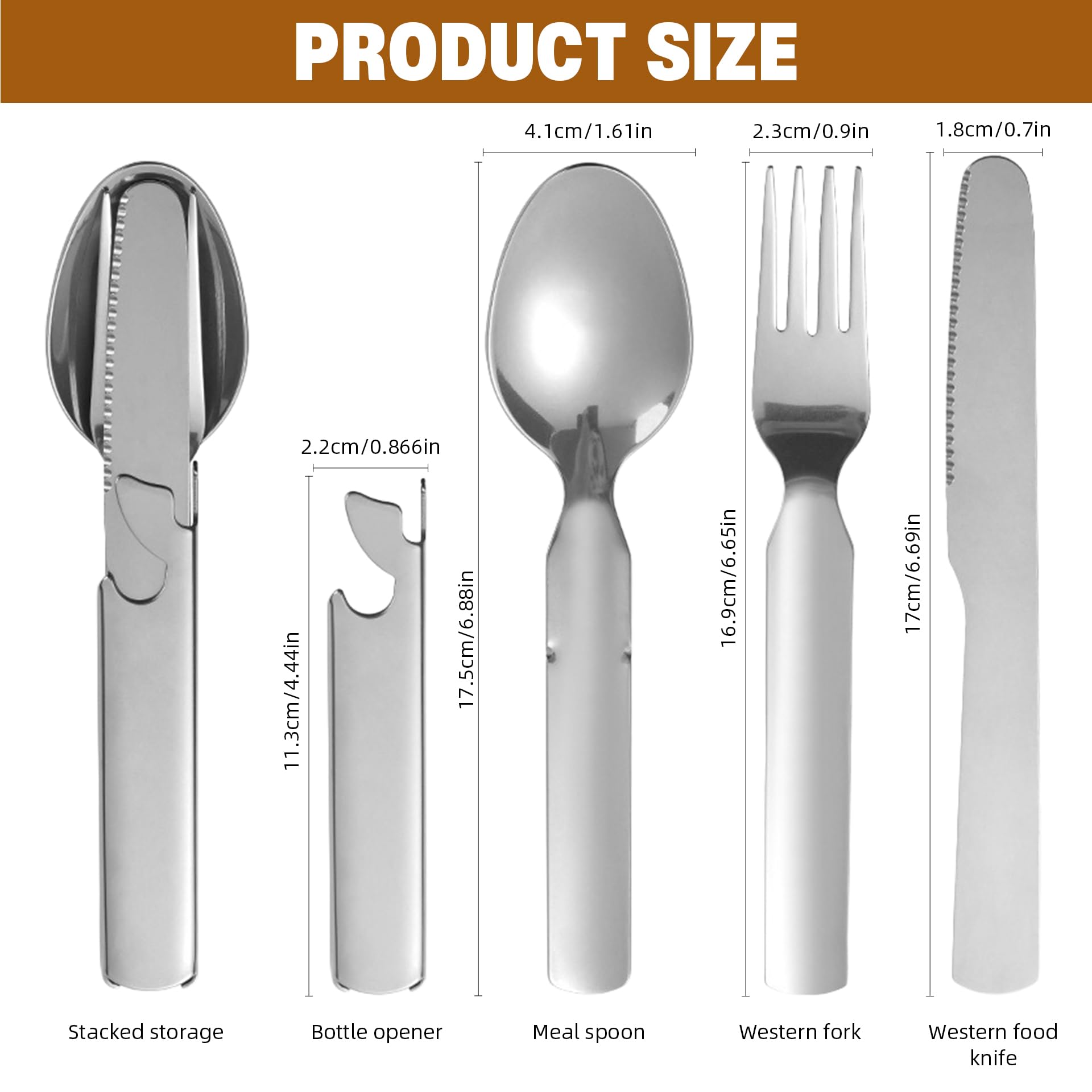 PROBEROS Camping Cutlery Set for Outdoor Meals with 6.7 in Stackable 4 in 1 Stainless Steel Design