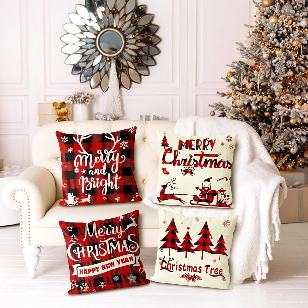 HASTHIP Christmas Cushion Covers for Sofa with Invisible Zipper 4Pcs 16x16in Cotton Linen | Red Black Plaid Holiday Pillowcases