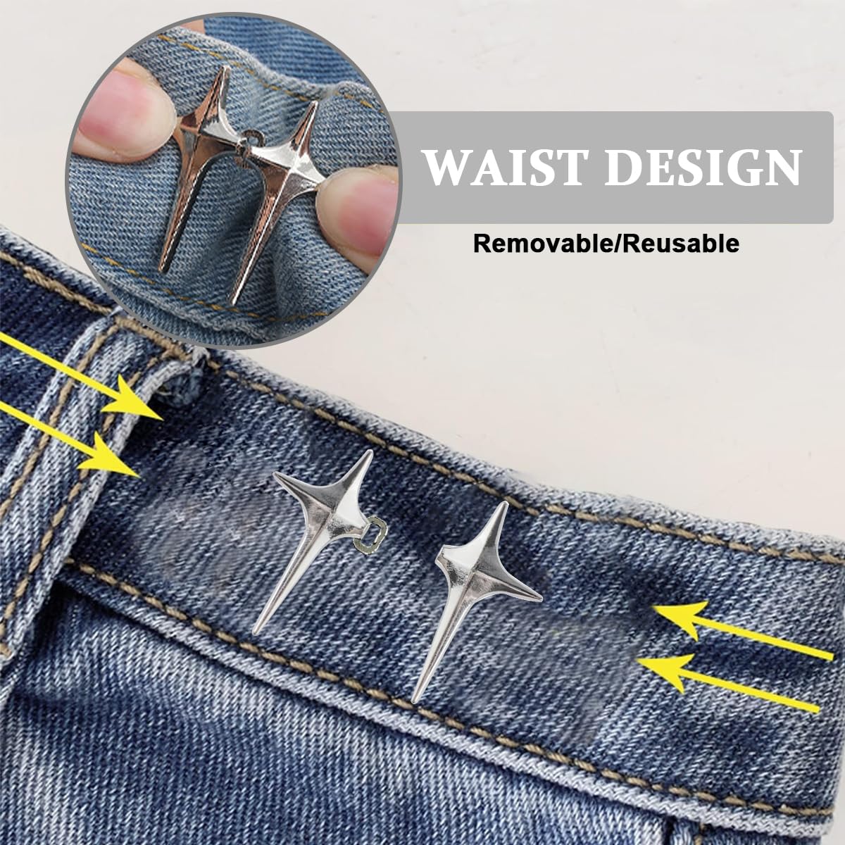 SANNIDHI Adjustable Waist Buckle for Jeans and Pants with Silver Star Design | 4 Sets Detachable No Sewing Metal Adjusters