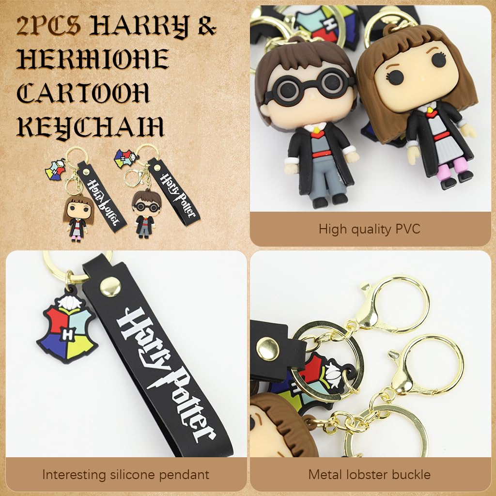 PALAY Couple Keyrings for Fans featuring 4PCS 2.3 in Harry Hermione Charms with Silicone Strap | Gift for Friends