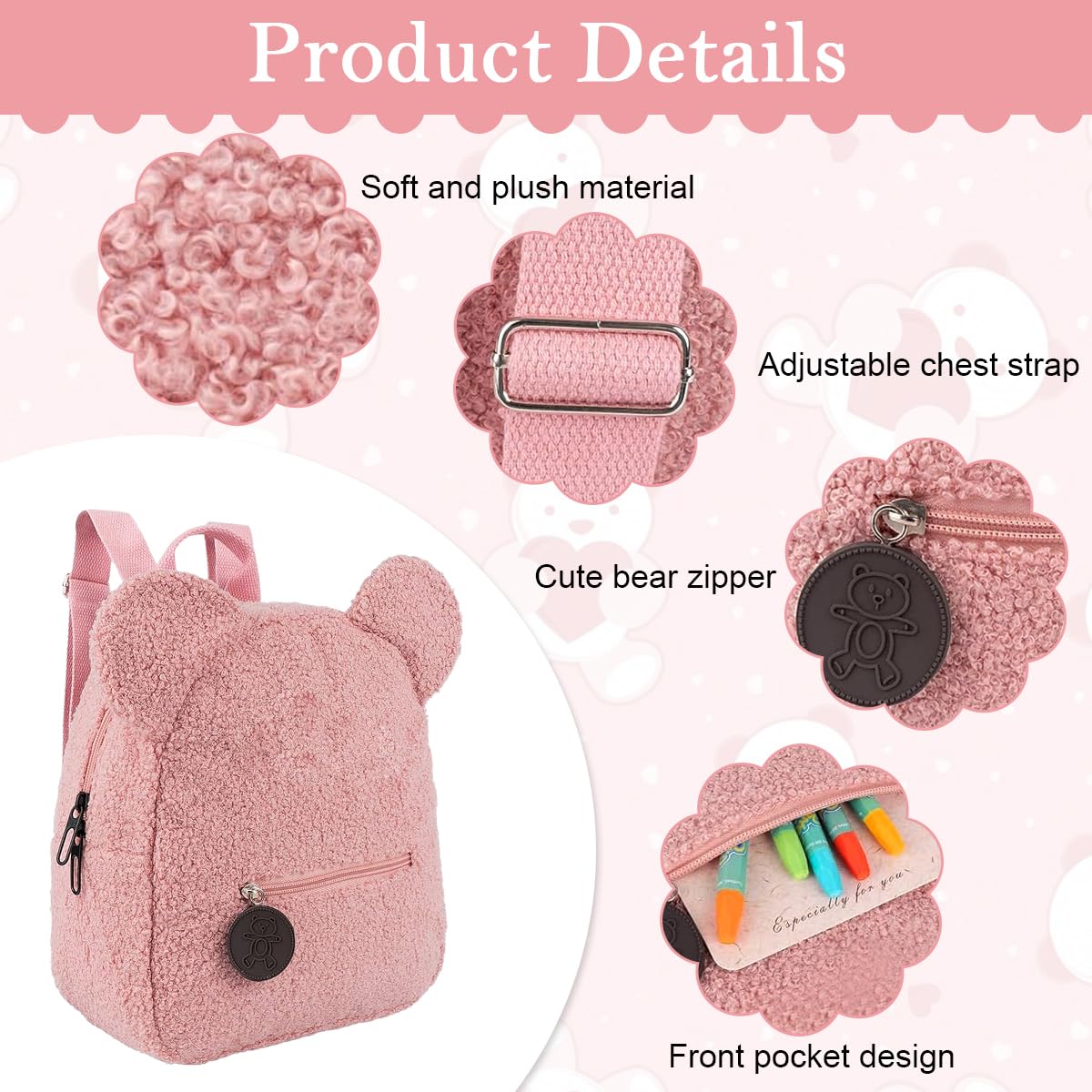 PATPAT Kids Backpack for Girls with Adjustable Straps 28x27x13cm Pink Bear Plush | Cute Kawaii Daypack