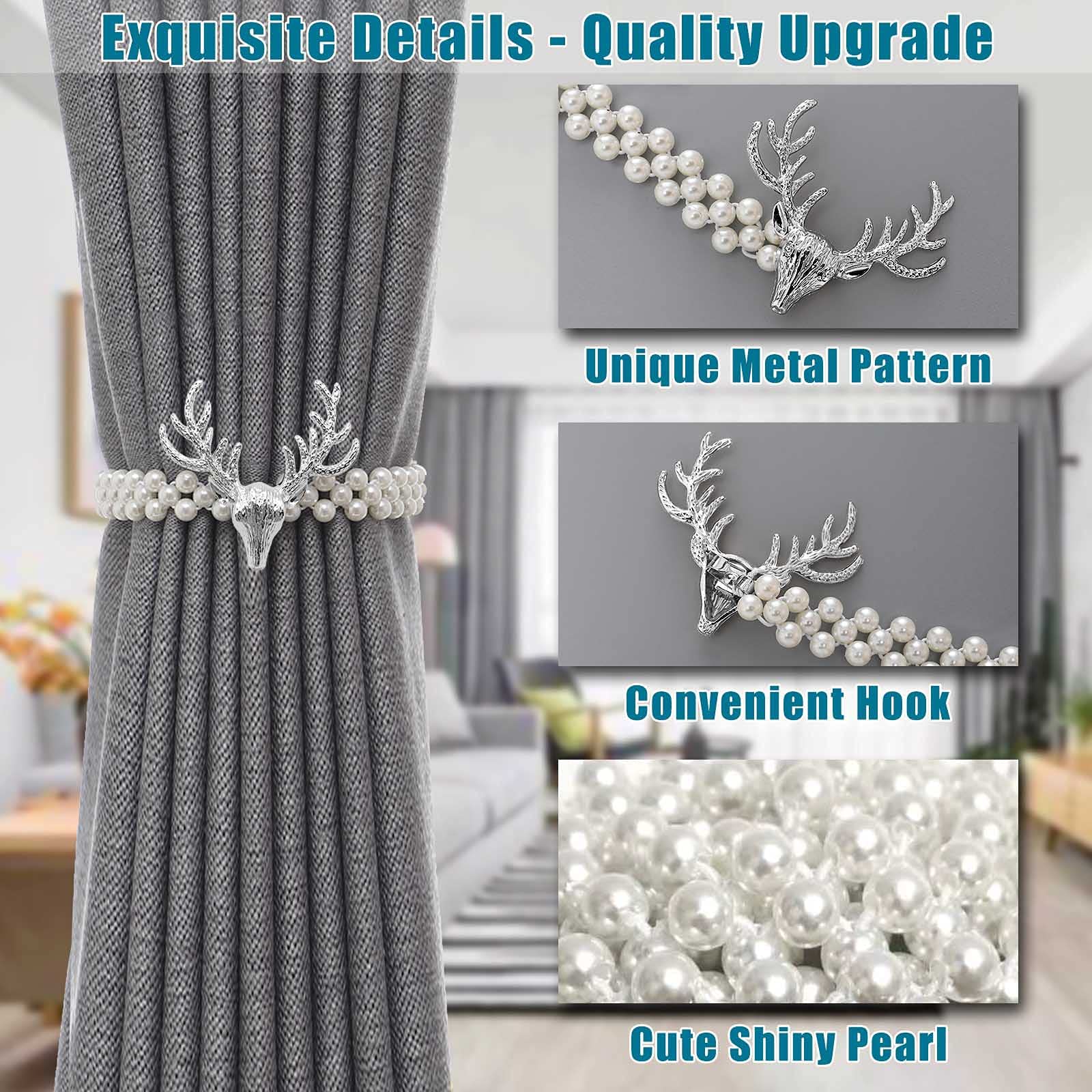 ELEPHANTBOAT® Silver 2Pcs Pearl Elastic Rope Curtain Holders Metal Curtains TieBacks with Classy Small Window Drape Decor for Home,Office,Hotel