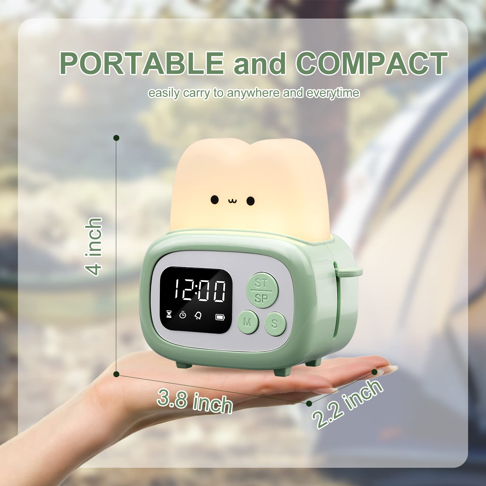ELEPHANTBOAT Cute Alarm Clock for Kids with Timer Function and LED Bread Night Light | USB Rechargeable 800mAh Desk Clock