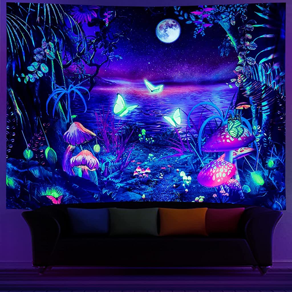 HASTHIP® Blacklight Fantasy Forest Tapestry, UV Reactive Tapestry Glow in The Dark, Butterfly Aesthetic Tapestries Galaxy Moon Space Tapestry Wall Hanging for Bedroom Living Room (51.2 in x 59.1 in)