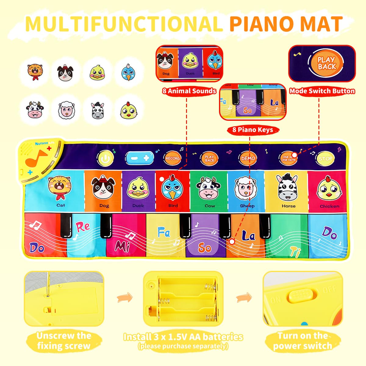 PATPAT Piano Keyboard Musical Mat for Kids with 8 Animal Sounds and 6 Modes | 27.56x11.81 in
