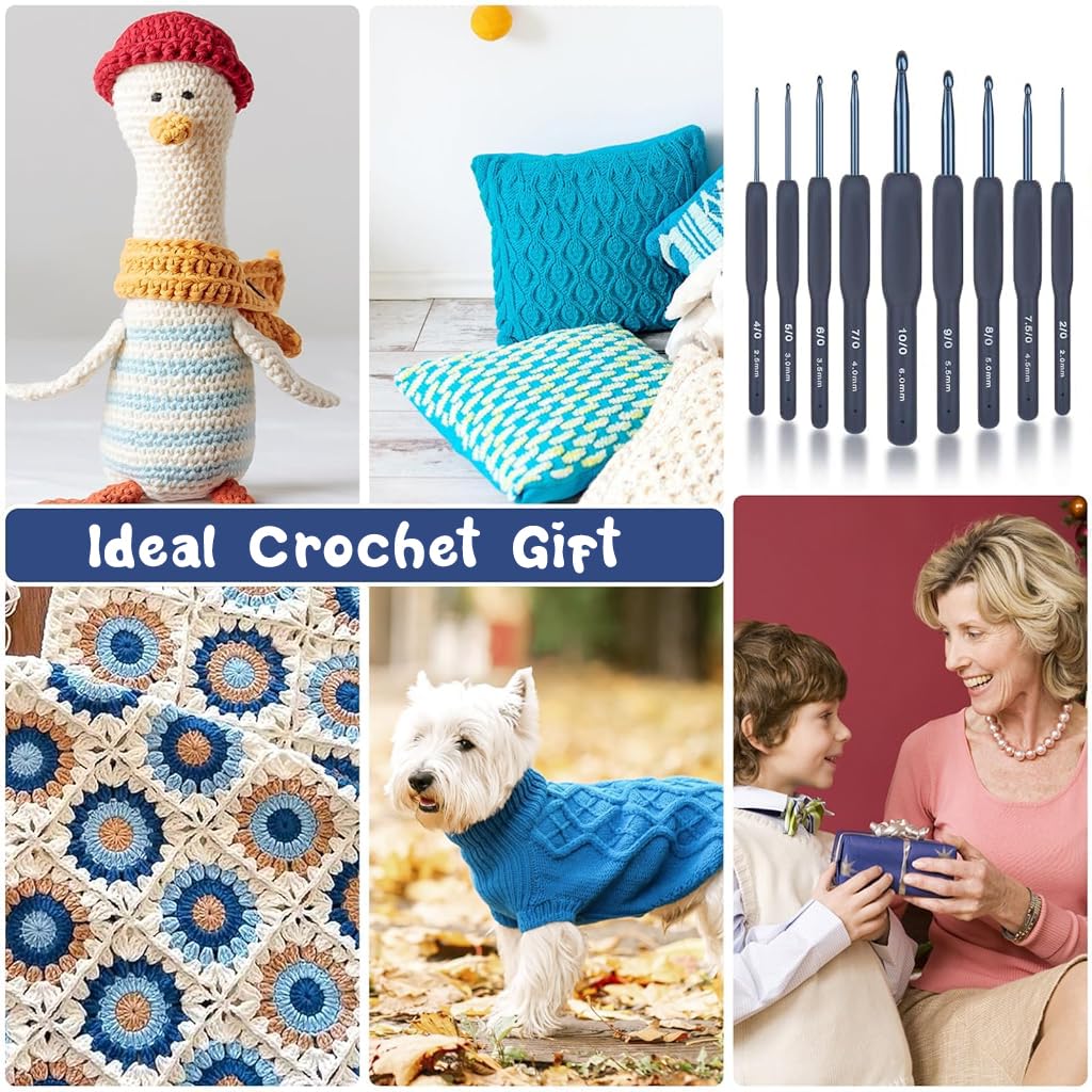 ZIBUYU Crochet Hook Set for Beginners with Ergonomic TPR Handles and 9pcs 2.0–6.0 mm Aluminum Hooks | Dark Blue Craft Kit