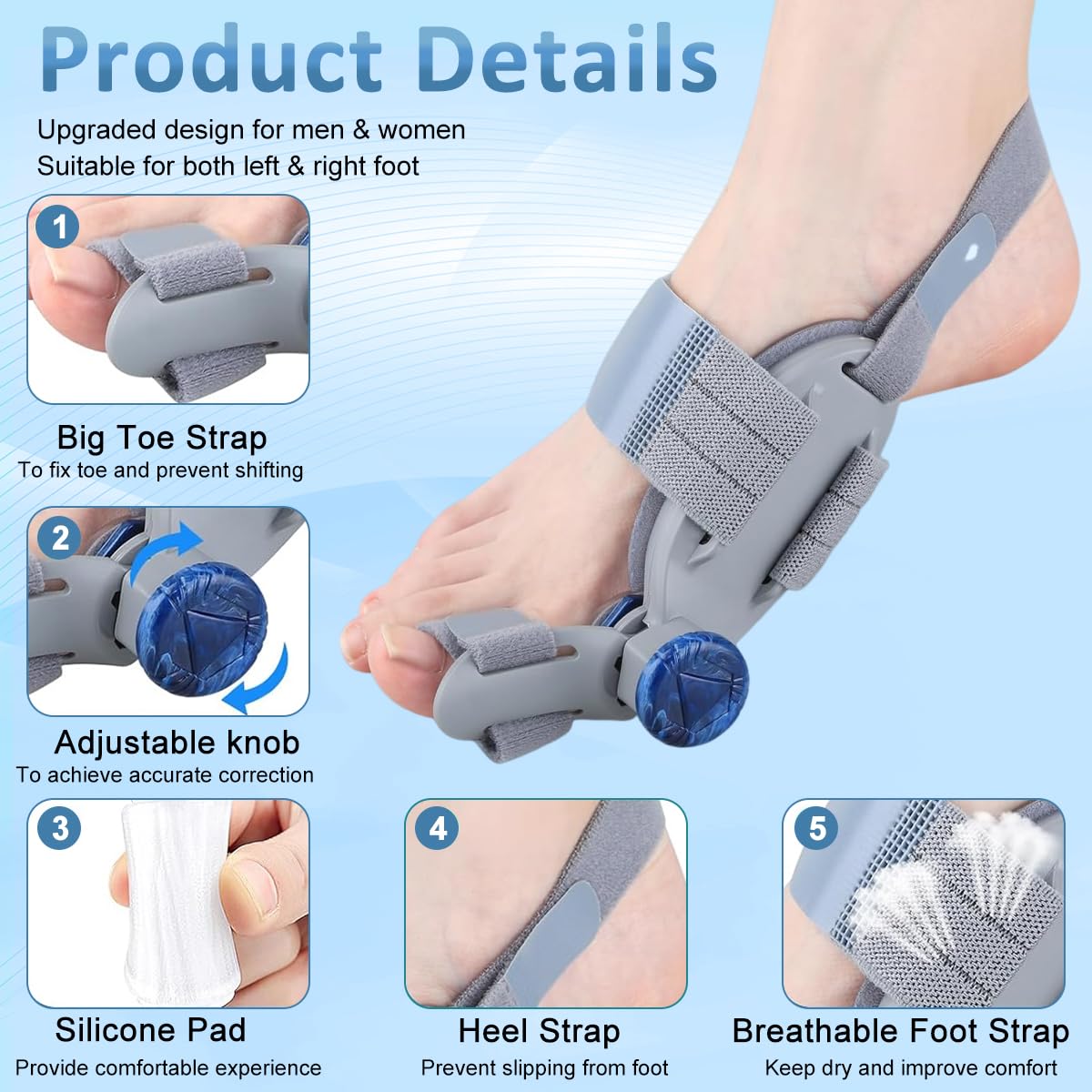 HANNEA Bunion Corrector for Women and Men featuring 180° Adjust Knob with Silicone Pad | Grey Orthopedic Toe Straightener