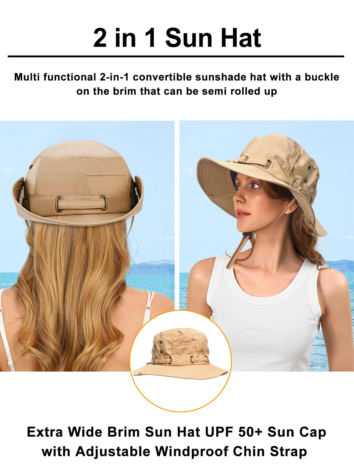 Zibuyu Sun Hat for Women with 8cm Wide Brim and Flip Up Design in Khaki | UV50+ Protection
