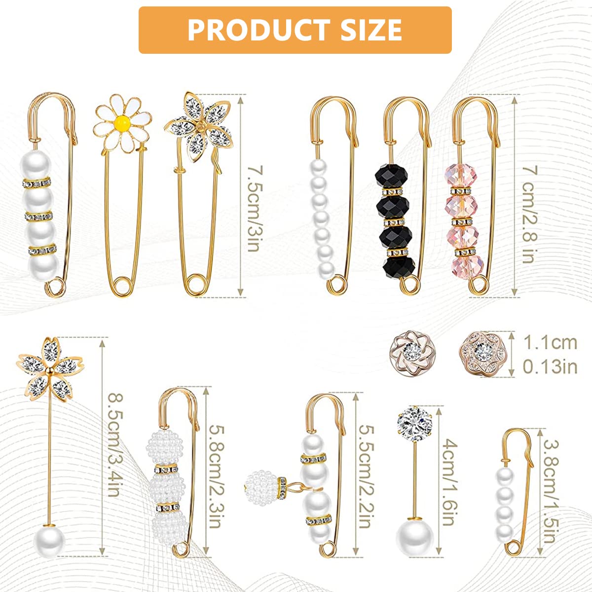 SANNIDHI Pearl Brooch Safety Pins for Women with Alloy and Rhinestone Design | 17 Pieces