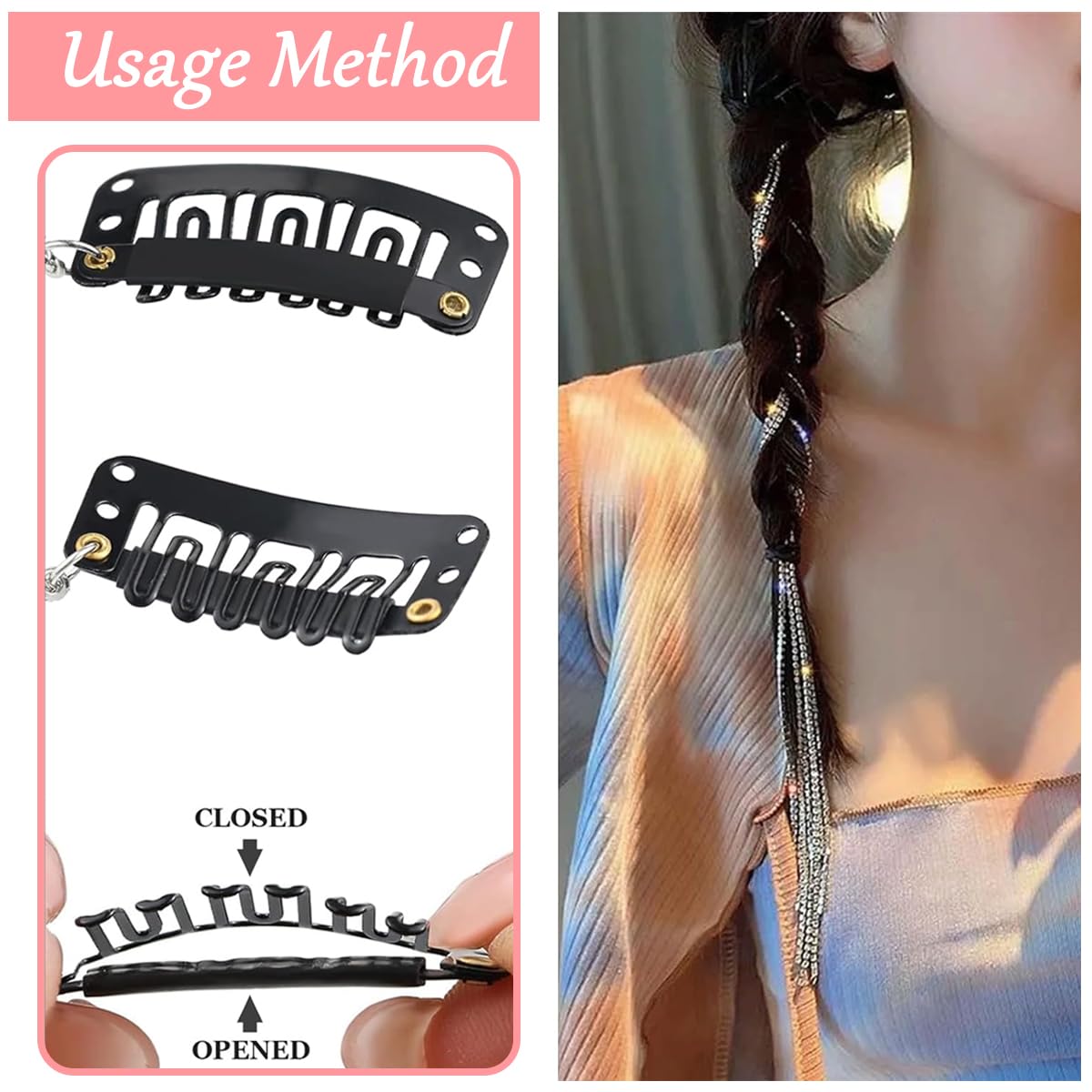 MAYCREATE Rhinestone Hair Clip Chains for Women featuring 20 in Tassel Silver Braids | 5Pcs