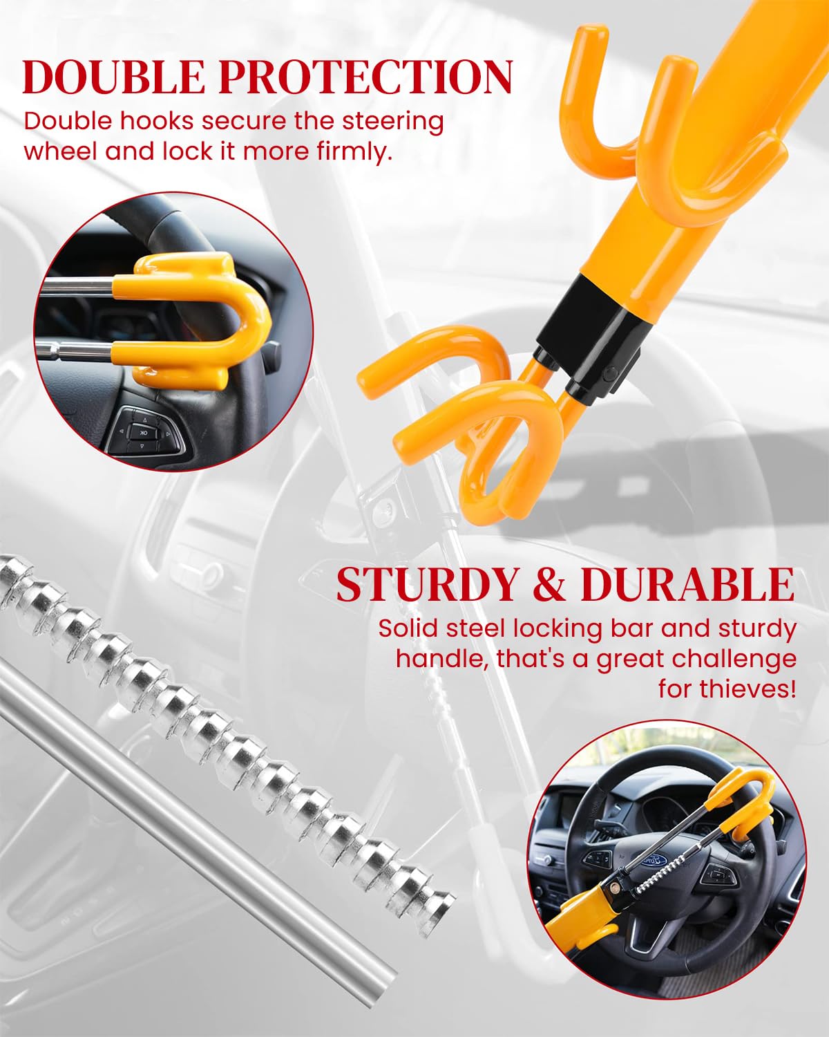 STHIRA Steering Wheel Lock for Cars featuring Alloy Lock Core and Heavy Duty Steel | Universal Fit