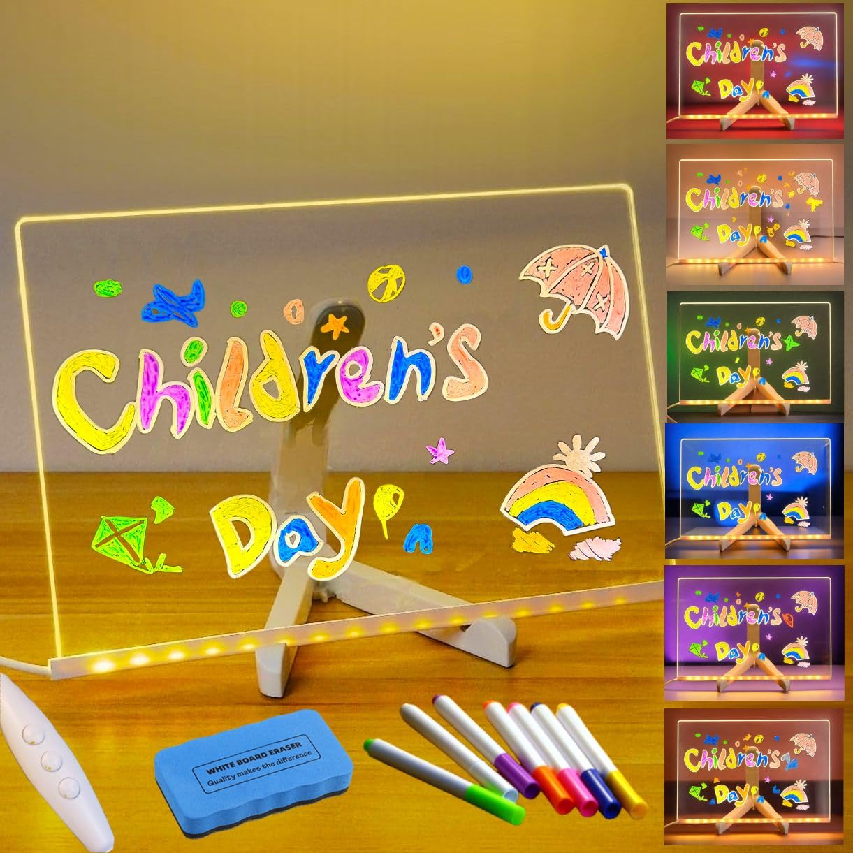 OFIFO® LED Light-Up Acrylic Note Board - 30x20cm with 7 Color Markers & 4 Lighting Modes, Energy-Saving Writing Surface for Home Study, Office and Creative Fun