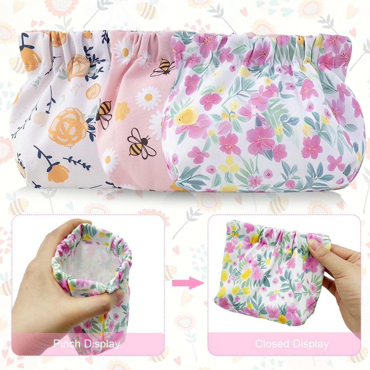 MAYCREATE® 3pcs Small Pouches for Women, Travel Mini Makeup Pouch Set, Cute Floral Print Coin Lipstick Pouch for Girls, Oxford Cloth Jewelry Storage Bag Organizer - No Zipper, Self-Closing