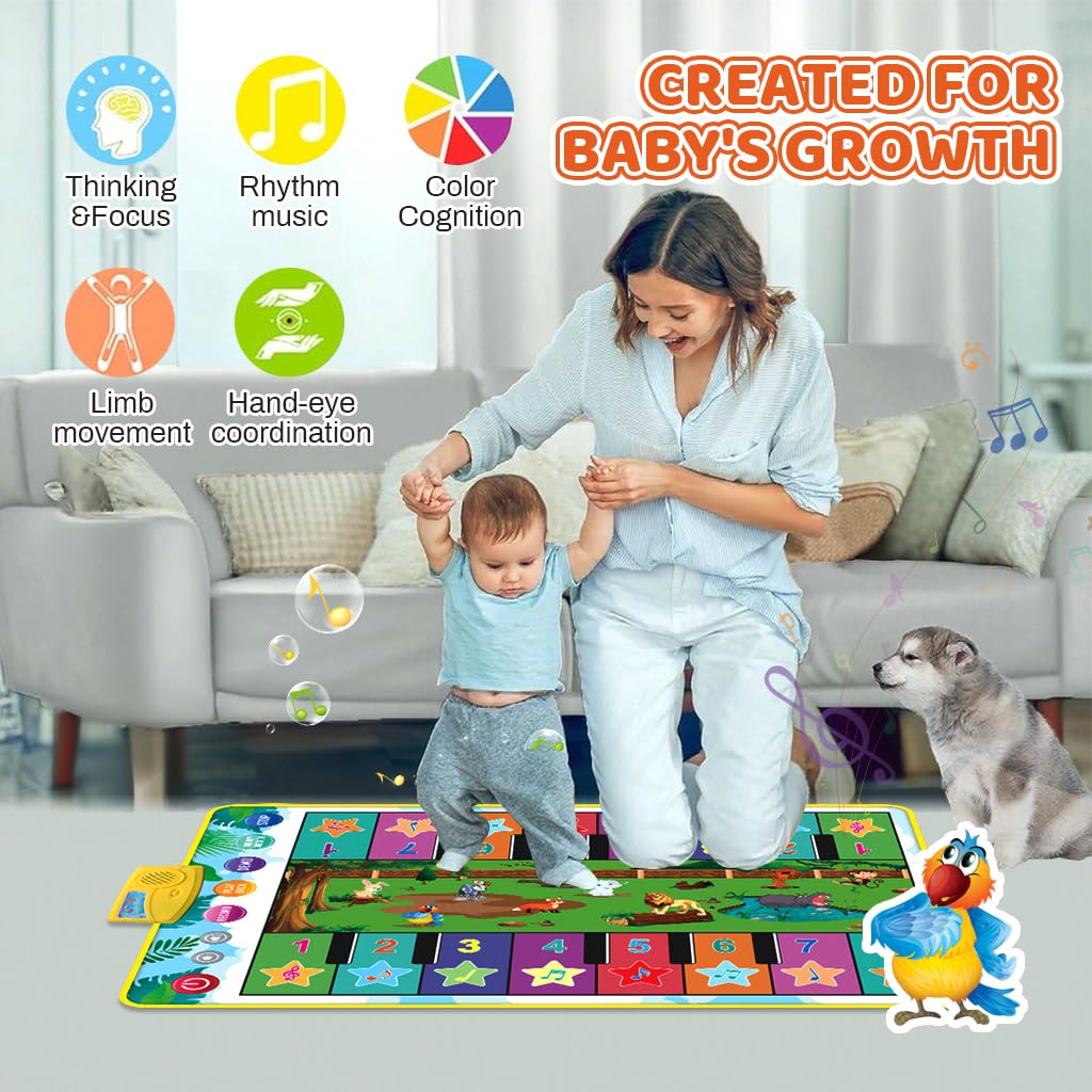 PATPAT Piano Mat for Kids with 16 Keys and 8 Instrument Sounds featuring Dual Row Design | 36 x 24 in Foldable Musical Floor Toy for Early Learning