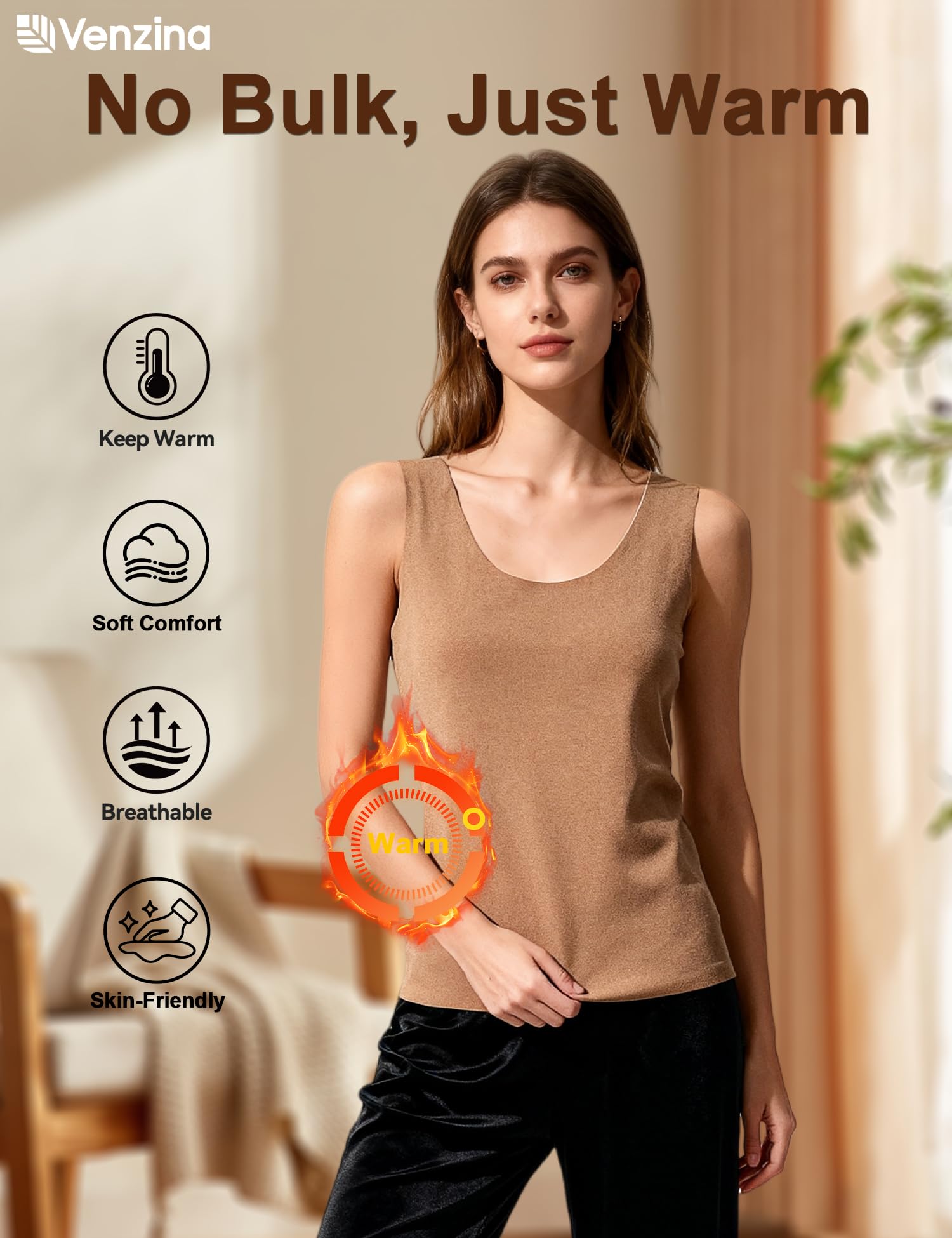 Venzina Women's Seamless Thermal Vest featuring Double‑Sided Fleece & Khaki XL | Soft Layering for Winter