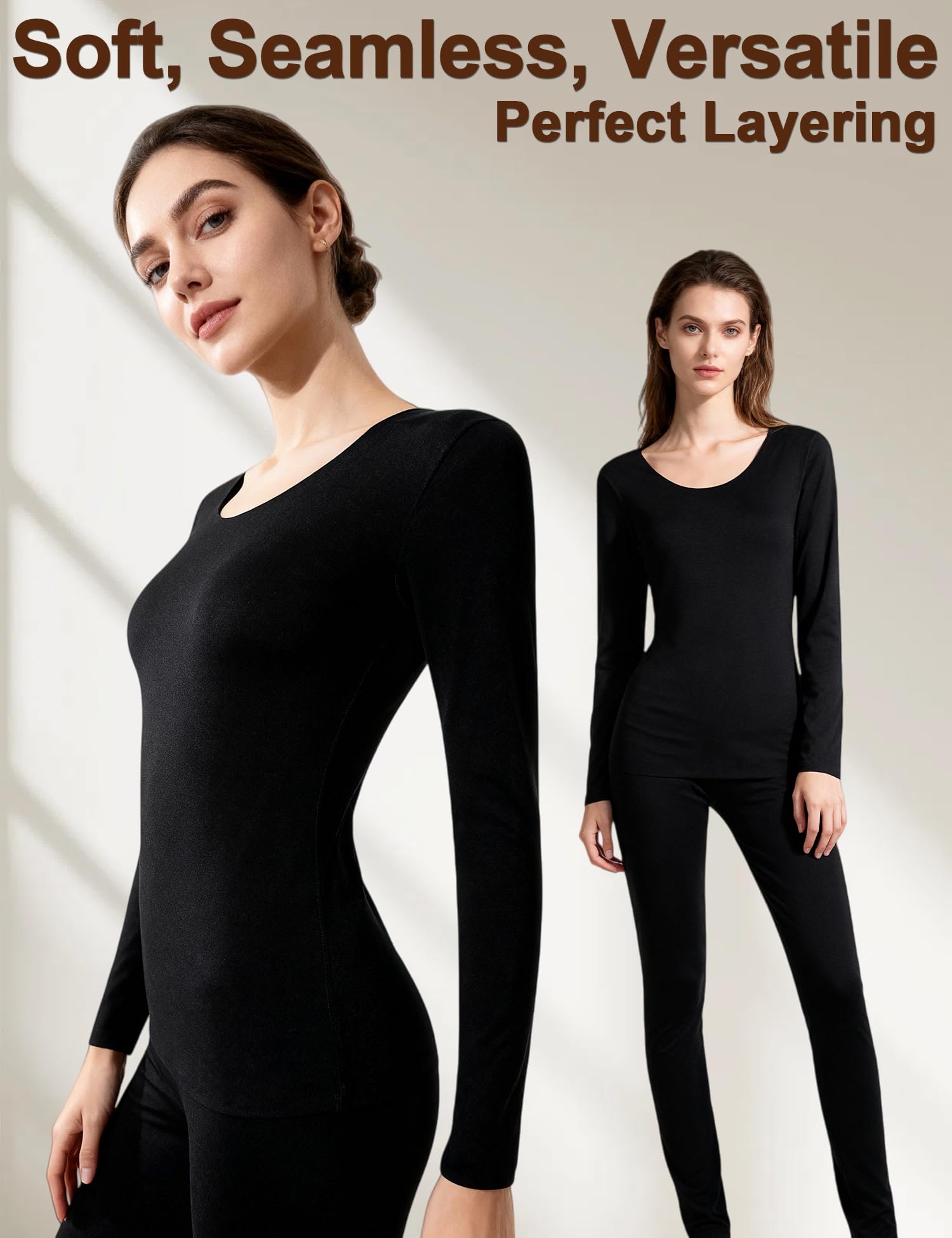 Venzina Women’s Thermal Underwear Set for Cold Weather with Double-Sided Fleece | Black XL