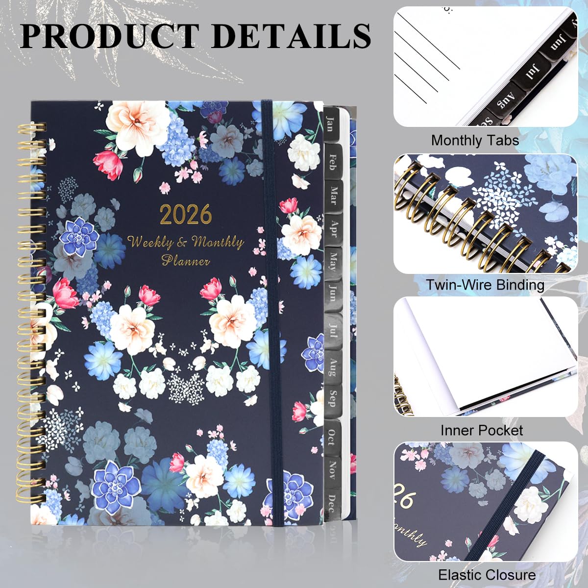 OFIFO Weekly Planner 2026 for Office and Study with Spiral Binding and Floral Hardcover | A5 Organizer Notebook with Elastic Band