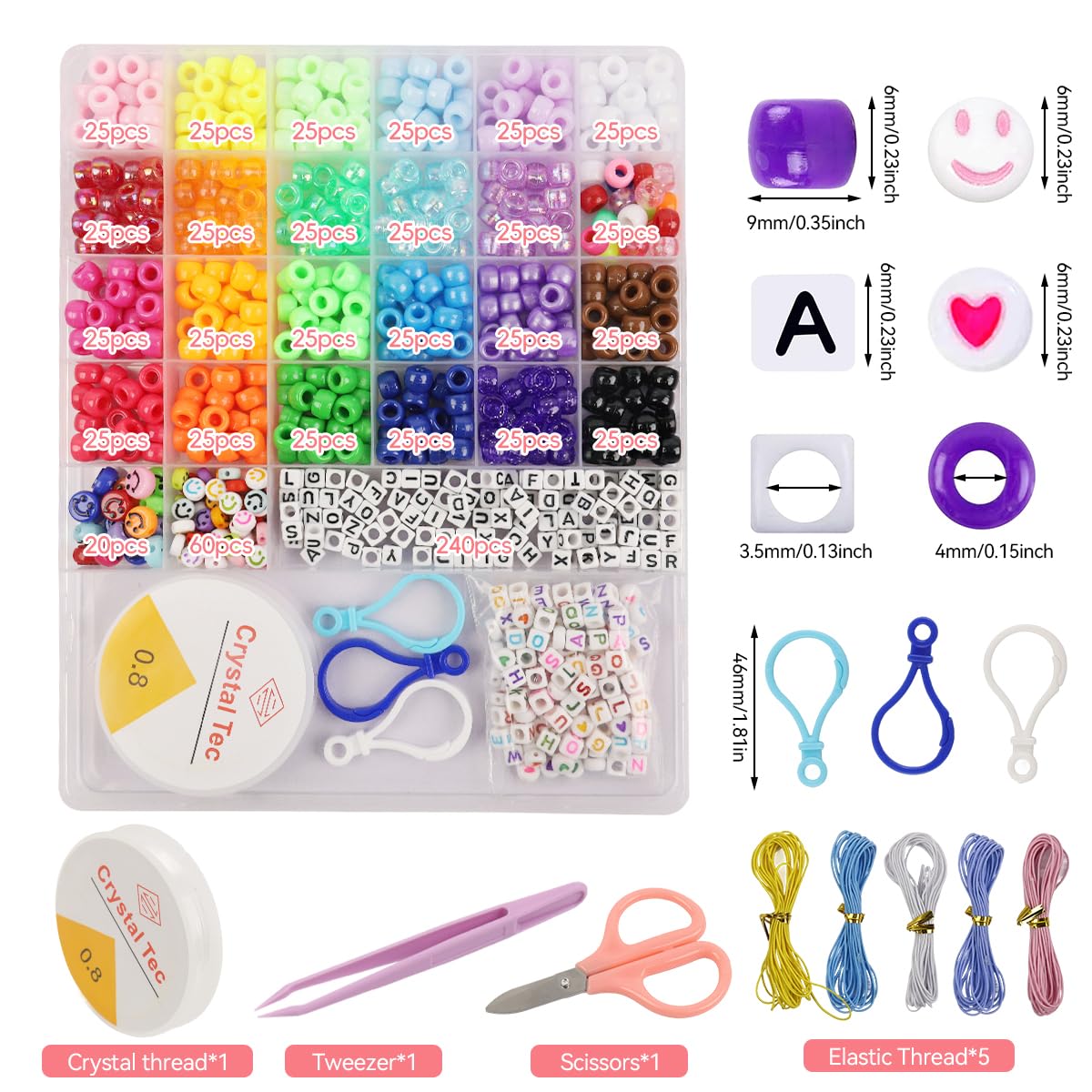 SANNIDHI Pony Beads Kit for Bracelet Making with 1000 pcs 24 Colors & Elastic Cords | Kids DIY Jewelry Set