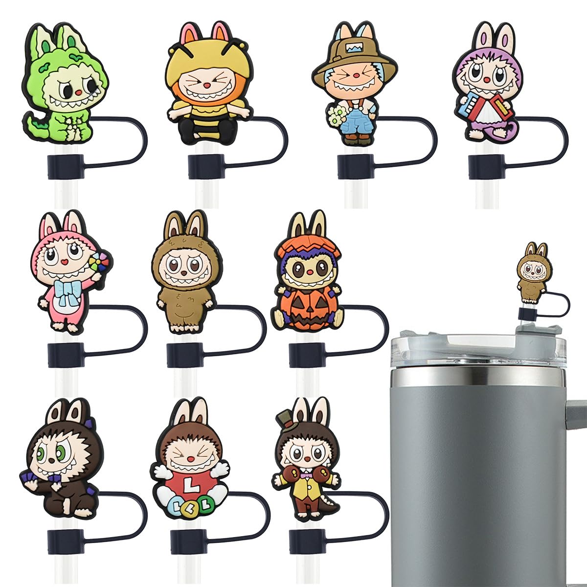 FANCYKU Cartoon Silicone Straw Caps for 10mm Tumblers with Reusable Dust Covers | 10 Pcs