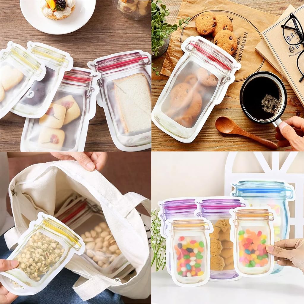 ZIBUYU Ziplock Bags for Fridge with Leak Proof Closure 15pcs Mason Jar Shape PE Containers | 3 Sizes for Snacks and Kitchen Storage