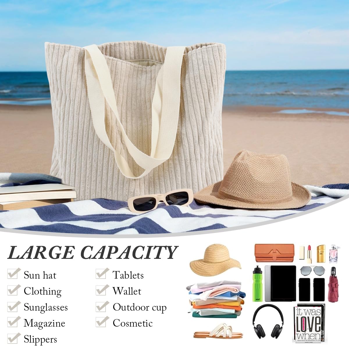 ZIBUYU Corduroy Tote Bag for Women Fashion Beige Casual Shoulder Bag Hand Bag with Zipper Nylon Webbing Shoulder Straps Design Book Bag Grocery Bag Versatile Daily Item Bag, 37x10x34cm