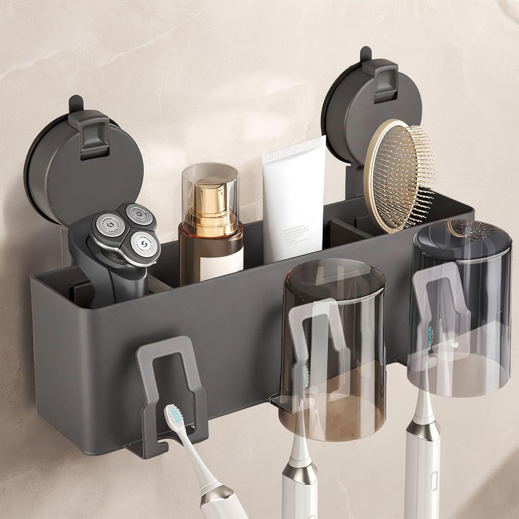 HASTHIP® 3 in 1 Wall Toothbrush Holder with 4 Water Cups, Carbon Steel Bathroom Organizer Rack, Dual Suction, Toothbrush & Toiletries Storage Shelf for Family, Easy Install, Dustproof, Black