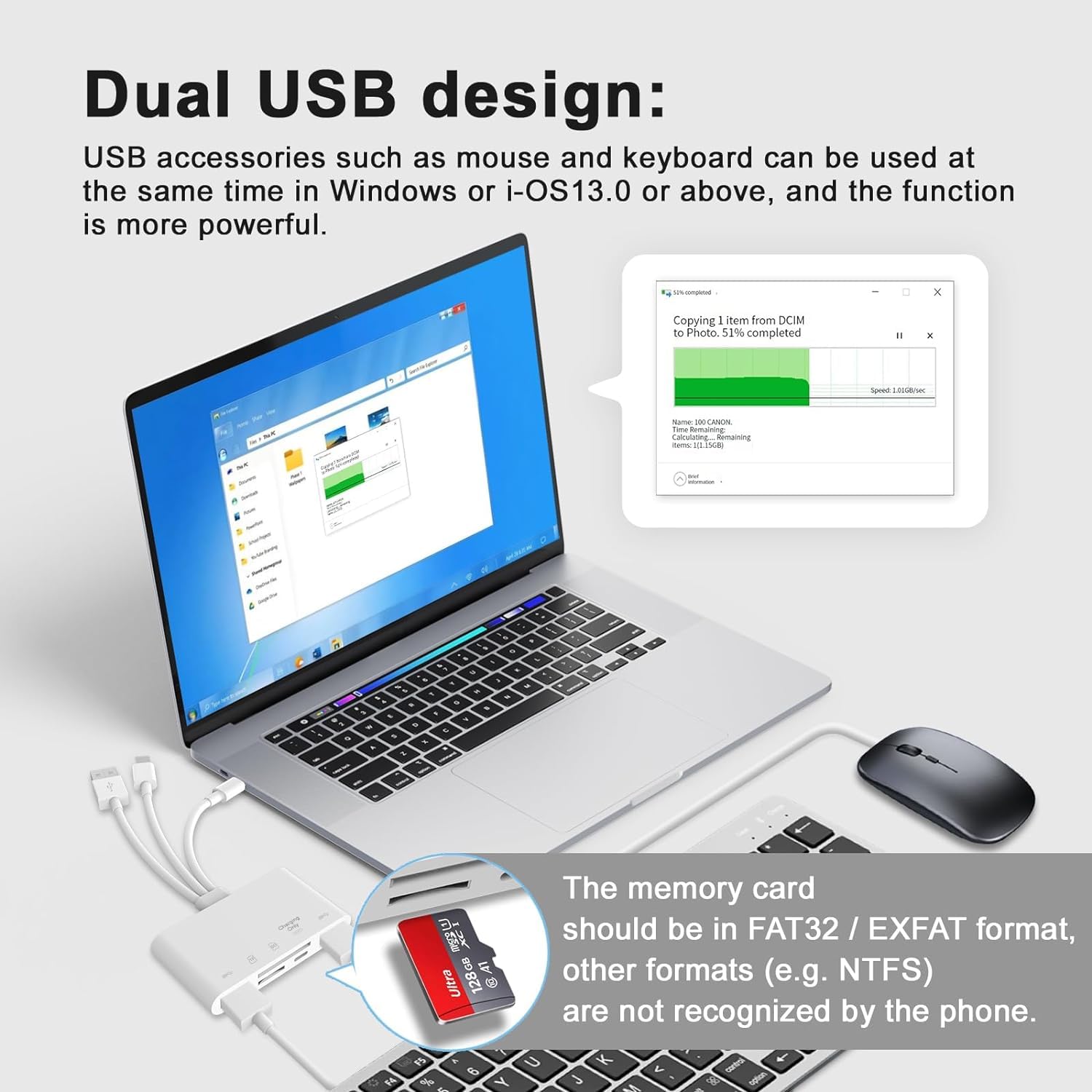 Verilux Card Reader for iPhone iPad and PC featuring 5 in 1 Design with 2 USB3.0 Ports | Supports Charging and Data Transfer