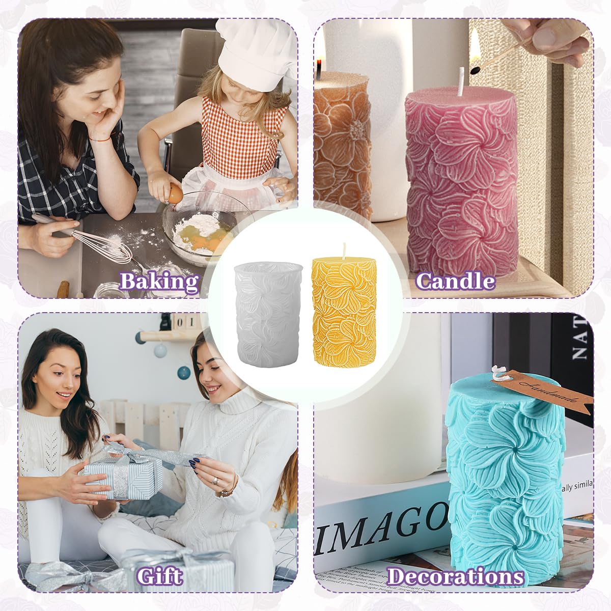 HASTHIP Flower Petal Cylinder Candle Mold for DIY Crafts with 3D Rose Design 7.3×10.8 in Silicone