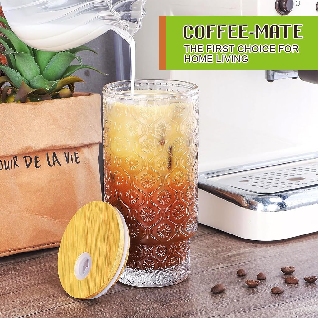 Supvox Drinking Glasses 11oz Set of 4 with Wooden Lids and Bent Straws | Vintage Textured Clear Design